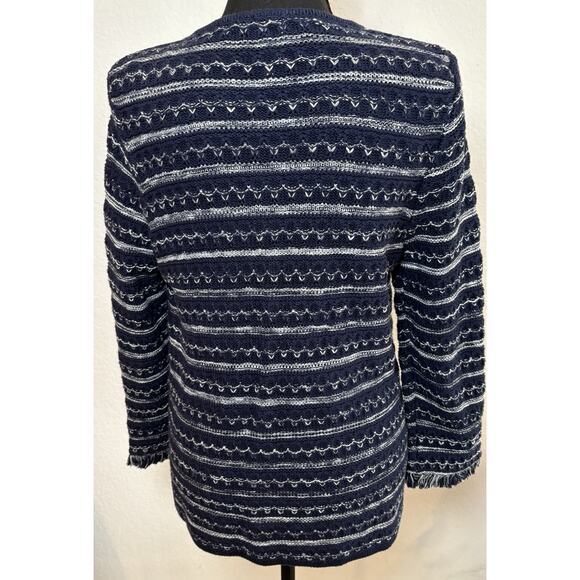 Chico’s Navy and White Cardigan Sweater Fringe Trim Open Front Size 0 (Small) - Picture 3 of 4